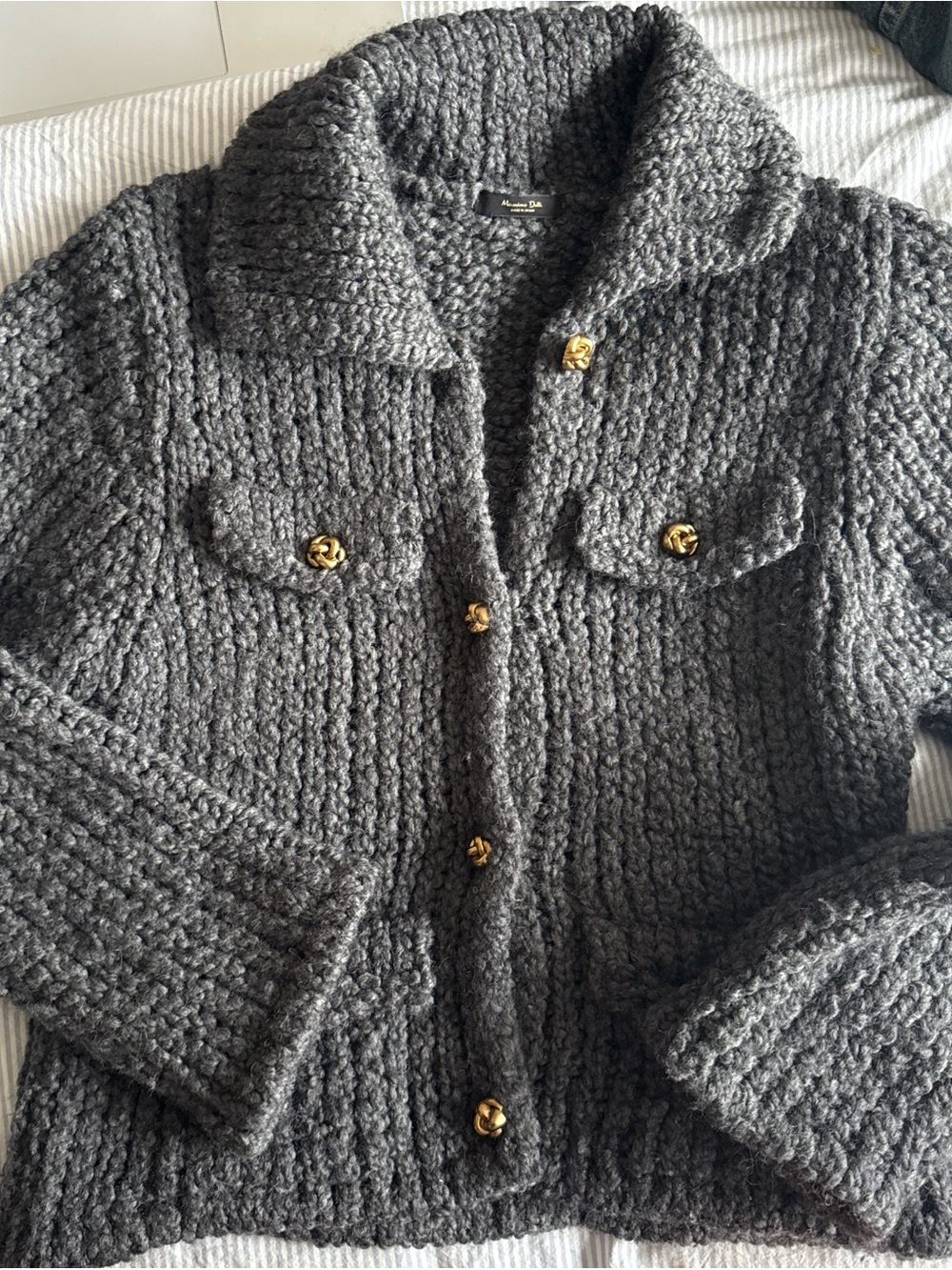 Massimo Dutti Chunky Knit Gray Cardigan with Gold Buttons